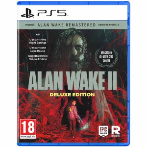 Na obrazku widać pudełko gry Alan Wake II Deluxe Edition na konsole PS5. Na ilustracji okładki widać Głównego bohatera w ciemnościach. Pod nim znajduje się tytuł gry Alan Wake II Deluxe Edition. Pod tytułem znajduje się kobieta z FBI trzymająca w reku broń i latarkę. Jest skierowana do widza tyłem oraz znajduje się w lesie, gdzie wszystko posiada czerwony pigment.