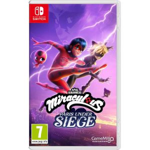 The image shows the box for the game Miraculous Paris Under Siege for the Nintendo Switch console. The illustration shows two main characters: Ladybug Girl and Cat Boy. Both in the air above a purple city full of lights from lit windows. Below them is the title of the game Miraculous: Paris Under Siege.   