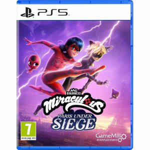 The image shows the box for the game Miraculous Paris Under Siege for the Nintendo Switch console. The illustration shows two main characters: Ladybug Girl and Cat Boy. Both in the air above a purple city full of lights from lit windows. Below them is the title of the game Miraculous: Paris Under Siege.   