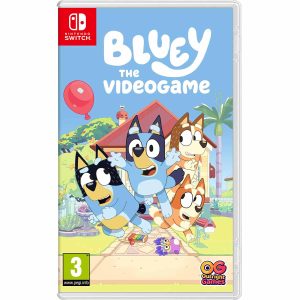 The image shows the box for the game Bluey The Videogame for the Nintendo Switch console. The illustration of the game shows the main characters of the cartoon Bluey running in different directions. Behind them is a house with a garden. In the bright sky you can see the title of the game Bluey The Videogame.