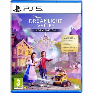 Na obrazku widać pudełko gry Disney Dreamlight Valley na konsole PS5. Na ilustracji widać dwie kobiety wraz z WALL-E. Za postaciami widać całe miasto, wraz z królestwem. Po prawo w tle widać łowiącego ryby przy jeziorku Miszka Miki. Na górze, gdzie znajduje się fioletowe niebo, widać tytuł gry Disney Dreamlight Valley.