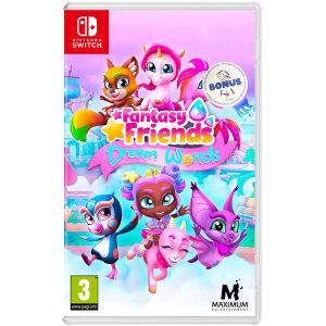 The image shows the box for the game Fantasy Friends: Dream Worlds for the Nintendo Switch console. The game illustration shows characters and animals from the game Fantasy Friends: Dream Worlds such as unicorns, a penguin, a bat, and a goat. They are located at the top and bottom of the illustration, and between them is the title of the game Fantasy Friends: Dream Worlds. Behind them, you can see a land covered in clouds.