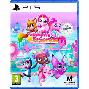 The image shows the box for the Fantasy Friends: Dream Worlds game on the PS5 console. The game illustration shows characters and animals from the Fantasy Friends: Dream Worlds game, such as unicorns, a penguin, a bat, and a goat. They are located at the top and bottom of the illustration, and between them is the title of the game Fantasy Friends: Dream Worlds. Behind them, you can see a land covered in clouds.   