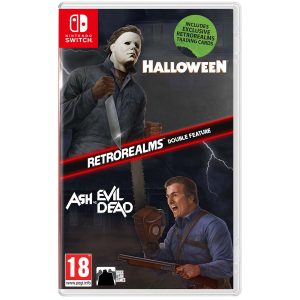 Na obrazku widać pudełko gry Halloween and Ash vs Evil Dead RetroRealms Double Feature na konsole Nintendo Switch. Na ilustracji widać dwóch głównych bohaterów gry- Michael Myers z filmu Halloween w lewym górnym rogu, a Ash Williams z serialu Ash kontra martwe zło. Obok nich w przeciwległych rogach widać dopasowane do nich tytuły produkcji. Przecina górną część ilustracji od dolnej napis RetroRealms™Double Feature. Pod napisem Halloween, w prawym górnym rogu widać okrągłą, zieloną naklejkę z napisem "Includes exclusive RetroRealms Trading Cards"