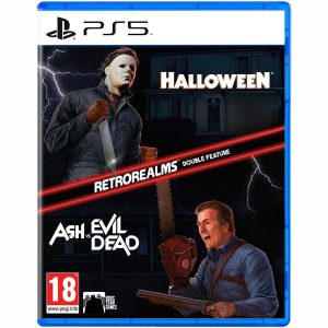 Na obrazku widać pudełko gry Halloween and Ash vs Evil Dead RetroRealms Double Feature na konsole PS5. Na ilustracji widać dwóch głównych bohaterów gry- Michael Myers z filmu Halloween w lewym górnym rogu, a Ash Williams z serialu Ash kontra martwe zło. Obok nich w przeciwległych rogach widać dopasowane do nich tytuły produkcji. Przecina górną część ilustracji od dolnej napis RetroRealms™Double Feature.