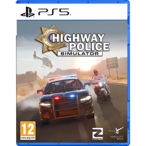 The image shows the box for the game Highway Police Simulator for the PS5 console. The illustration shows a police car and, to the right of it, a police motorcycle. They are driving along an asphalt road towards the observer. The terrain around is very sandy, and large stones are visible in the distance. A helicopter is flying above the mini. The title of the game Highway Police Simulator can be seen against the background of the gray sky at the top.     