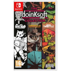 The image shows the box of the game The Doinksoft Collection for the Nintendo Switch console. The cover illustration shows 3 vertical rectangles, in which there is art from 3 different games. Each of them is signed. On the left side is the game Geto Roboto, where the art is black and white and shows a cat standing on a mech, and around it are other devices and creatures. In the middle is the game Funbella, where you can see a man with a beard, hat and brown clothes with ammunition belted around him and a light scarf around his neck. In his hand he holds a gun, from which an umbrella sticks out. On the right side is a green figure with red hair. He has pointy ears. Under this figure you can see a man in green crying, a brown hat and a red scarf covering his mouth. In the middle of the illustration of the game's cover is the title of the game The Doinksoft Collection.         