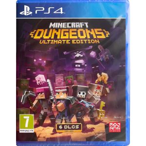 Na obrazku widnieje pudełko gry Minecraft: Dungeons Ultimate Edition na konsole PS4. Ilustracja okładki ukazuje otoczonych przez złoczyńców bohaterów gry Minecraft: Dungeons Ultimate Edition, w pozycjach bojowych. Wyżej widać logo gry Minecraft: Dungeons Ultimate Edition.