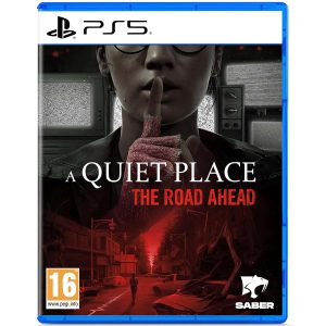 Na obrazku widać pudełko gry A Quiet Place: The Road Ahead na konsole PS5. Ilustracja okładki jest podzielona na górną część, na której widać kobiecą twarz od nasady nosa do ramion. Postać pokazuje ręką ruch uciszania. Po środku znajduje się tytuł gry A Quiet Place: The Road Ahead. Na dole widać świat czerwono czarny, gdzie kobieta- główna bohaterka gry idzie po ulicy w stronę horyzontu. Wokół niej znajdują się budynki i rozbite auta oraz stworzenie- główne zagrożenie w grze.