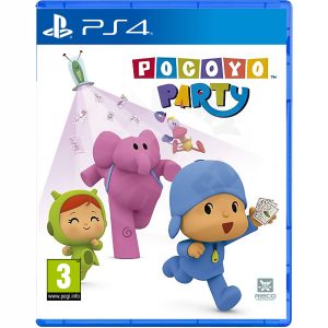 The image shows the box for the game Pocoyo Party on the PS4 console. The illustration shows 3 characters running towards the right. On the right side, the character is wearing blue clothes and holding cards, on the left side, a character with red hair and green clothes is running. Between them, you can see a pink elephant running on two legs. Above them, on the left side of the illustration, you can see a turquoise saucer that creates a pink field for three characters. On the right side, you can see the title of the game Pocoyo Party.