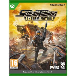 The image shows the box for the game Starship Troopers: Extermination for the Xbox Series X console. The cover illustration shows people fully armed fighting monsters by shooting them. The entire scenery is orange and gray. In the center, against the background of an orange and yellow sky, you can see the title of the game Starship Troopers: Extermination.  