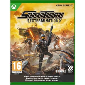The image shows the box for the game Starship Troopers: Extermination for the Xbox Series X console. The cover illustration shows people fully armed fighting monsters by shooting them. The entire scenery is orange and gray. In the center, against the background of an orange and yellow sky, you can see the title of the game Starship Troopers: Extermination.  