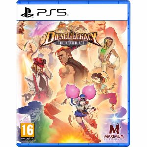 The image shows the box for the game Diesel Legacy The Brazen Age on the PS5 console. The illustration shows characters from the game Diesel Legacy The Brazen Age. They are spread throughout the image and some blend in with the orange background. At the top of the illustration you can see the title of the game: Diesel Legacy The Brazen Age.