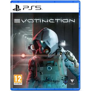 The image shows the box for the PS5 game Evotinction. The cover image shows a hooded figure with his face covered. He is wearing a uniform. He is seen in a metal room. Above him is the title of the game Evotinction written in white.    