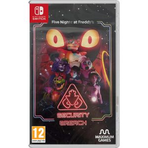 The image shows the box of the game Five Nights At Freddy's Security Breach for the Nintendo Switch console. The illustration shows characters from the game Five Nights At Freddy's Security Breach. Above them are large yellow eyes. Between the wainscoting is the inscription Security Breach and above them Five Nights At Freddy's. The cover is dominated by black, with colorful elements. The composition is enclosed in a colorful frame of two lines.     