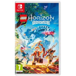 The image shows the box for the LEGO Horizon Adventures game for the PS5 console. The illustration shows the world of Horizon with characters and the environment in the shape of assembled Lego blocks. You can see a mountainous terrain, on which two characters run towards the viewer. Behind them is a large monster resembling a mechanical dinosaur. Above everything in the sky, you can see the title of the game LEGO Horizon Adventures.