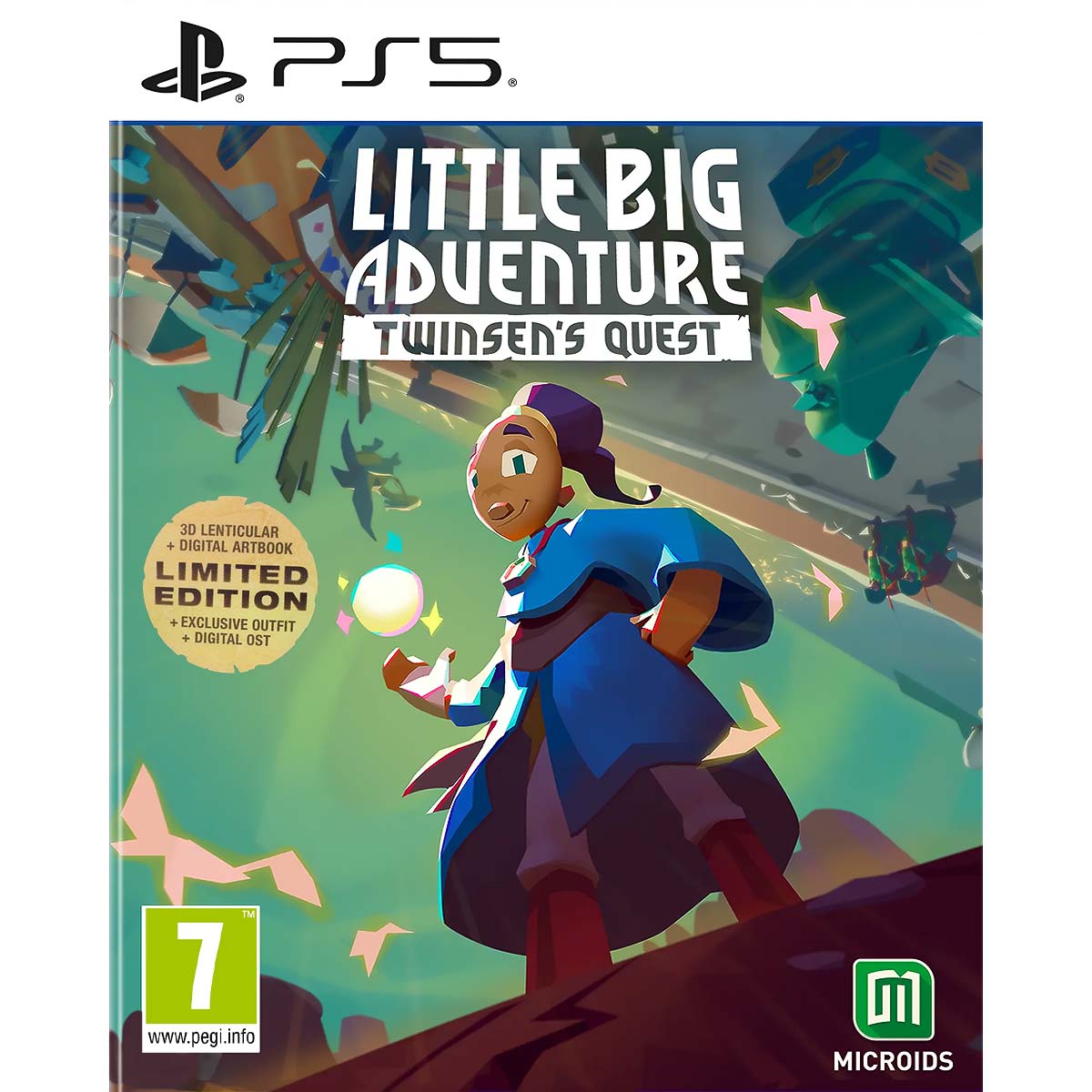 Na obrazku widać pudełko gry Little Big Adventure: Twinsen's Quest na konsole PS5. Na ilustracji okładki widać głównego bohatera ubranego w fioletowe szaty. Postać ma wysuniętą jedną dłoń nad którą lewituje żółta kula. Tło jest zielonkawe i widać w dali szarą infrastrukturę, na której występuje tytuł gry Little Big Adventure: Twinsen's Quest.