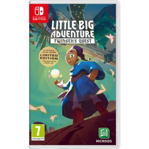 The image shows the box of the game Little Big Adventure: Twinsen's Quest for the Nintendo Switch console. The cover illustration shows the main character dressed in purple robes. The character has one hand extended above which a yellow ball levitates. The background is greenish and in the distance you can see gray infrastructure, on which the title of the game Little Big Adventure: Twinsen's Quest appears.