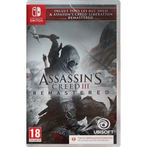 The image shows the box of the Nintendo Switch game Assassin's Creed 3 Remastered with the Assassin's Creed Liberation add-on for the Nintendo Switch console. The illustration shows the main character - an assassin, who swings an axe to hit a man lying under his feet. The entire illustration is shown in grayscale. In the middle, you can see the title of the Nintendo Switch game Assassin's Creed 3 Remastered and at the top an emblem with a red background with information about Assassin's Creed Liberation.   