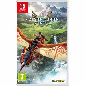 The image shows the box for the game Monster Hunter Stories 2: Wings of Ruin for the Nintendo Switch console. The illustration of the game shows a character flying on an orange dragon. The character and the dragon are facing away from the viewer. They are flying towards the horizon, where you can see snowy mountains and a green direction on a cliff from which a waterfall flows. In the middle, at the junction of the lowlands and mountains, you can see the title of the game Monster Hunter Stories 2: Wings of Ruin.