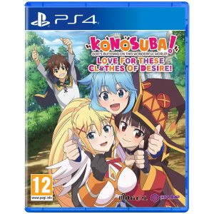 The image shows the box for the PS4 game KONOSUBA - God's Blessing on this Wonderful World! Love For These Clothes Of Desire! for the PS4 console. The illustration shows the main characters of the game, with smiles on their faces and thumbs up. In the upper right corner is the title PS4 KONOSUBA - God's Blessing on this Wonderful World! Love For These Clothes Of Desire!
