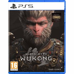 The image shows the box for the PS5 game Black Myth: Wukong. The cover image shows the main character, with his eyes closed, in profile to the viewer. The main character is a monkey and is wearing armor. At the bottom, you can see the title of the game Black Myth: Wukong.   