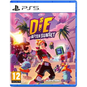 The image shows the box for the PS5 game Die After Sunset. The illustration shows a girl with a gun firing. Around her, you can see creatures approaching her. At the top is the title of the game Die After Sunset.   