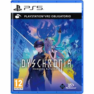 PS5 The image shows the box of the game Dyschronia Chronos Alternate for the PS5 console. The illustration shows two heroes of the game Dyschronia Chronos Alternate in an orange-pink glow. Behind them is a blue city, which is made of several smaller elements, some of which are flying in the air on the tops of buildings.  