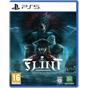 The image shows the box for the PS5 game Flint: Treasure of Oblivion. The illustration shows pirates and above them a figure with an animal skull mask and a feathered headdress. Below them is the title of the game Flint: Treasure of Oblivion and a stormy sea with naval ships.  