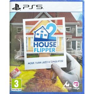 The image shows the box of the game House Flipper 2. The illustration shows a photo taken with a polaroid showing the logo of the game House Flipper 2 and the words "More than just simulator". Behind the logo is a yellow and red house. The photo is held by a hand in a glove. Behind the photo is the same house as in the photo. The photo covers the house in the central part. Greenery is visible around the house.