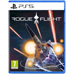 The image shows the PS5 Rogue Flight game box for the PS5 console. The game is illustrated with a ship in space. In the background, you can see the planet Earth and bright circles and streaks that look like bullets and explosions. At the top, the game title Rogue Flight appears.   