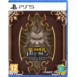 The image shows the box for the game Runner Heroes: The curse of night and day Enhanced Edition for the PS5 console. The illustration shows the head of a man with a beard and long hair. The hair surrounds his entire head. The head is in a gold and burgundy frame. Below the head is the title of the game Runner Heroes: The curse of night and day Enhanced Edition.    
