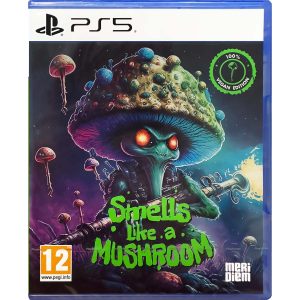 The image shows the box for the Smells Like a Mushroom 100% Vegan Edition game on the PS5 console. The game image shows a large mushroom with red eyes and a gun in its hand. Behind it, you can see flying objects resembling jellyfish swimming upwards. At the foot of the character, you can see the title of the game Smells Like a Mushroom. In the upper right corner, you can see a circle resembling a certificate, inside which it says: 100% Vegan Edition    