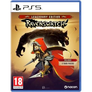 The image shows the box for the Ravenswatch Legendary Edition game on the PS5 console. The cover image shows an animal turned sideways to the viewer with a glowing gold eye. In front of it stands a girl in a red cloak with a hood and two swords. She is facing the viewer. Above the characters is the title of the game Ravenswatch along with the Legendary Edition emblem    
