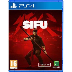 The image shows the Sifu game box for the PS4 console. The background of the cover illustration is all intense red. In the center is a man with a long weapon ready for combat. Behind him, you can see mountains outlined in lighter red, and against them you can see the title of the game Sifu.