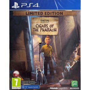 The image shows the box for the game Tintin Reporter - Cigars of the Pharaoh on the PS4 console. The cover illustration shows the titular Tintin entering an ancient building. A white dog stands next to him. They both examine the room with their patterns. Above them is the title of the game Tintin Reporter - Cigars of the Pharaoh.    