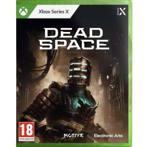 Na obrazku widać pudełko gry Dead Space na konsole Xbox Series X. Na ilustracji gry widać uzbrojoną postać. Cała jego zbroja jest metalowa z niebieskimi świecącymi elementami- na piersi oraz na hełmie. Postać znajduje się w pomieszczeniu z duża ilością kabli i metalowych urządzeń. Na górze widać tytuł gry: Dead Space.