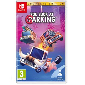 The image shows the box for the game You Suck At Parking Complete Edition for the Nintendo Switch console. The cover illustration for You Suck At Parking Complete Edition shows 3 vehicles driving through the air towards the viewer. The background is purple and pink. At the top is the title of the game You Suck At Parking Complete Edition.