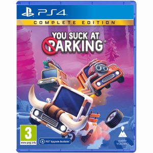 The image shows the box for the PS4 game You Suck At Parking Complete Edition. The cover image for You Suck At Parking Complete Edition shows 3 vehicles driving through the air towards the viewer. The background is purple and pink. At the top is the title of the game You Suck At Parking Complete Edition.