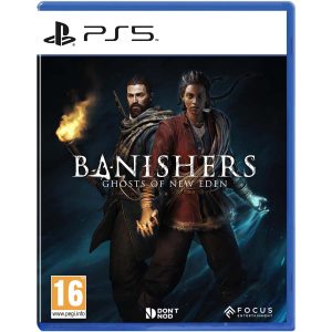 Na obrazku widnieje pudełko gry Banishers : Ghost Of New Eden na konsole PS5 Na ilustracji okładki widać dwie postacie- kobietę i mężczyznę- trzymających się za ręce i patrzących na widza. Mężczyzna jest lekko za kobietą i trzyma rozpaloną pochodnie. Kobieta swoją wolną dłoń ma opuszczoną nisko i otwartą- z dłoni widać wychodzą smugi mocy.  