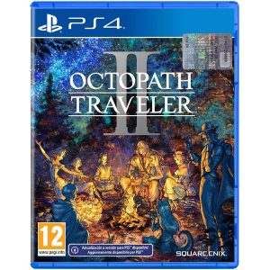 The image shows the box for the PS5 game Octopath Traveler 2. The game image shows a group of people around a campfire. The illustration is done in a cartoon style with orange and blue colors. At the top is the title of the game Octopath Traveler 2.   