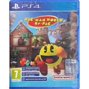 The image shows the box of the game Pac-Man World Re-Pac for the PS4 console. The illustration shows the main character of the game - Pac-Man. Behind him, you can see towers and brick buildings. The character himself runs towards the viewer with a wide smile. In the left corner of the illustration, behind Pac Man, you can see colorful ghosts looking towards the main character. At the top, you can see the title of the game Pac-Man World Re-Pac.