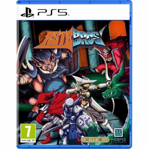 The image shows the box for the PS5 game Astebros. The illustration shows the three main characters of the game in the center, surrounded by monsters. At the top, you can see the title of the game Astebros.  