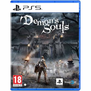 The image shows the box for the Demon's Souls game on the PS5 console. The illustration shows a knight standing in the center with a sword and shield ready to attack armed monsters approaching him. Further on, you can see a large castle, from which you can see fire in places. In the center you can see the title of the game Demon's Souls.