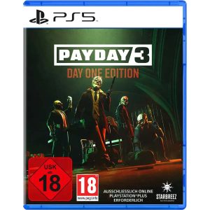 The image shows the box for the game Payday 3 on the PS5 console. The illustration shows 4 characters, each dressed in a suit with a clown-like mask and a gun. They are all in a dark room in green and red. At the top is the title of the game Payday 3 Day One Edition.   