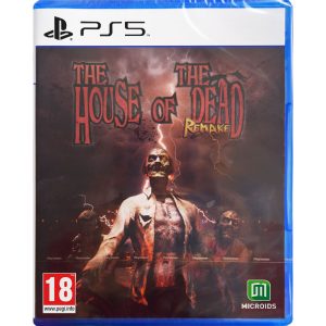 The image shows the box of the game The House of the Dead Remake for the PS5 console. The game illustration shows characters - undead facing the viewer. Behind them, you can see a dark sky with lightning. The entire arrangement is in dark red colors. The title PS5 The House of the Dead Remake can be seen against the sky background.    