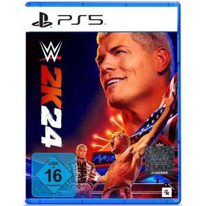 The image shows the box for the WWE 2K24 game on the PS5 console. The cover illustration for WWE 2K24 shows a hanging profile of a character looking to the left. At the bottom of the figure are people prepared for a fight in the ring or backstage. The background and most elements other than the characters are navy blue. On the left side of the illustration is the title of the game WWE 2K24, written vertically.    