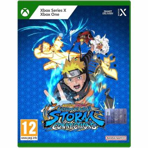 The image shows the box for the game Naruto x Boruto: Ultimate Ninja Storm Connections for Xbox One/Xbox Series X. The illustration shows Naruto and several versions of him in different poses flying through the air. The main character Naruto reaches forward towards the title of the game Naruto x Boruto: Ultimate Ninja Storm Connections. The background is blue with symmetrical and geometric elements.