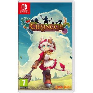 The image shows the box for the game Cuisineer on the Nintendo Switch console. The illustration of the game shows the main character walking across a meadow towards the viewer. She is holding a spatula in her hand. Behind her, you can see a large cloud with the title of the game Cuisineer on it.