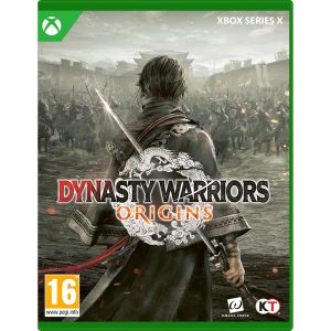 The image shows the box for the game Dynasty Warriors: Origins for the Xbox Series X console. The illustration shows a figure with his back to the viewer. In the distance you can see an army of knights and Chinese buildings. Everything is in shades of gray. In the center you can see the title of the game Dynasty Warriors: Origins,   